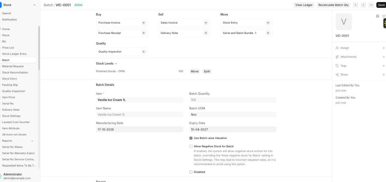 ERPNext batch record VIC-0001 with manufacturing date, expiry date and stock level