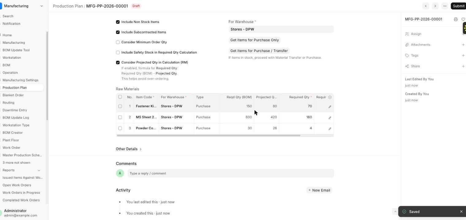 ERPNext production plan showing required quantity, projected quantity and quantity to order for three raw materials