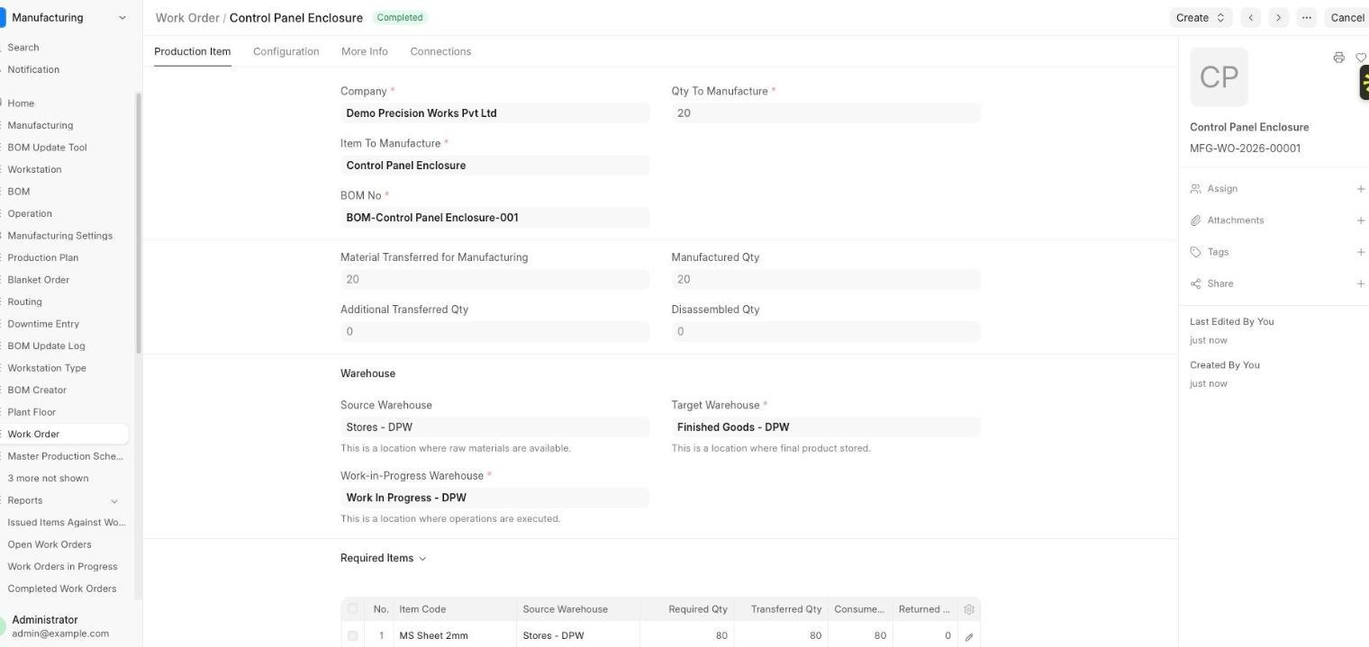 ERPNext work order with status Completed, 20 units manufactured